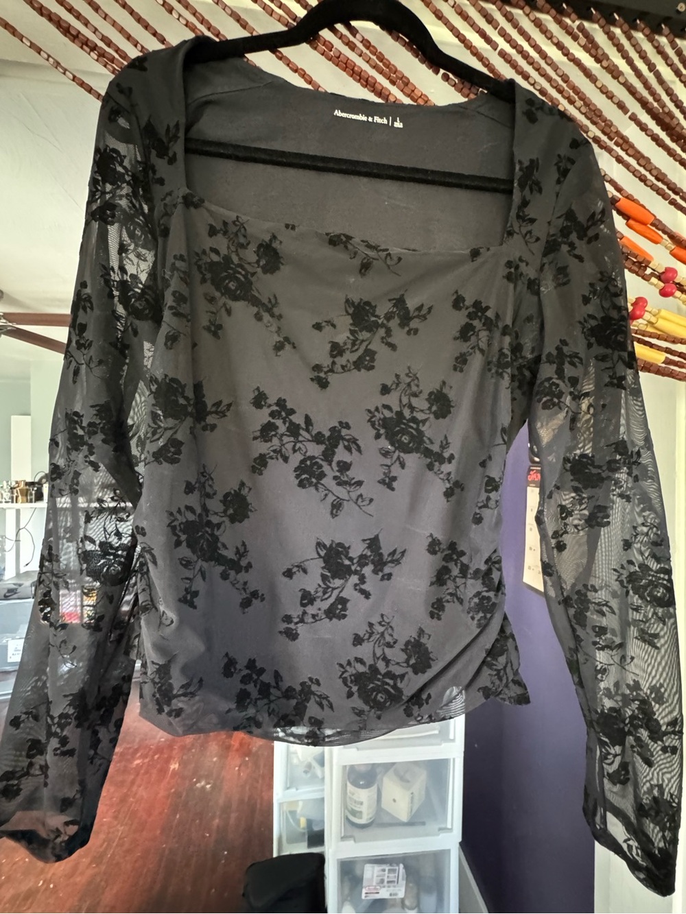 Abercrombie & Fitch Black Floral Velvet Burnout Blouse